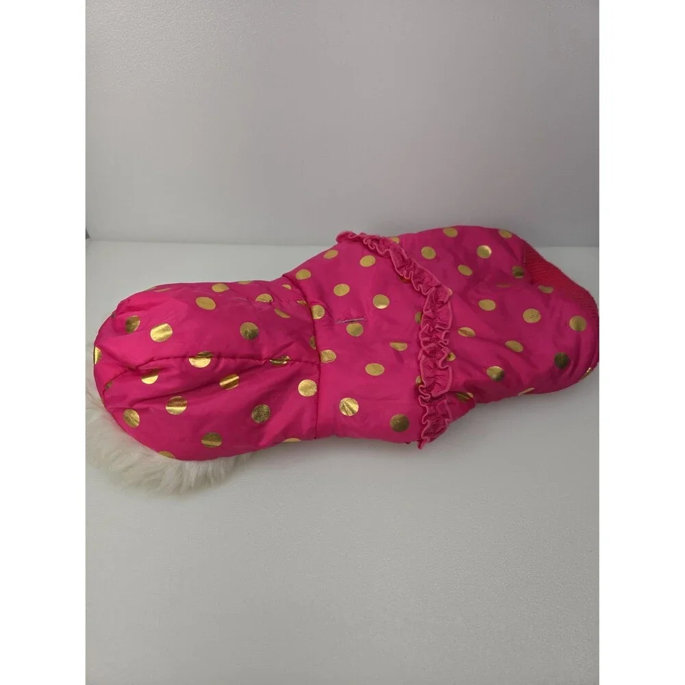 Top Paw Pink Dog Coat Ruffled Gold Metallic Dots Puffy Fleece Lined Hoodie Small